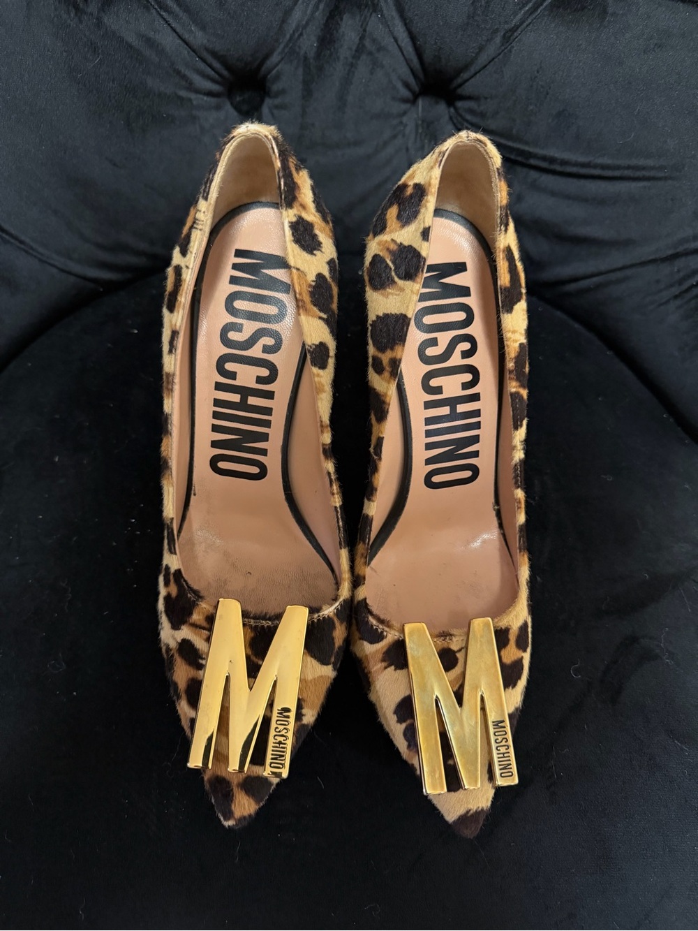 Moschino Leopard-Print Pointed Pumps with Gold M Accent